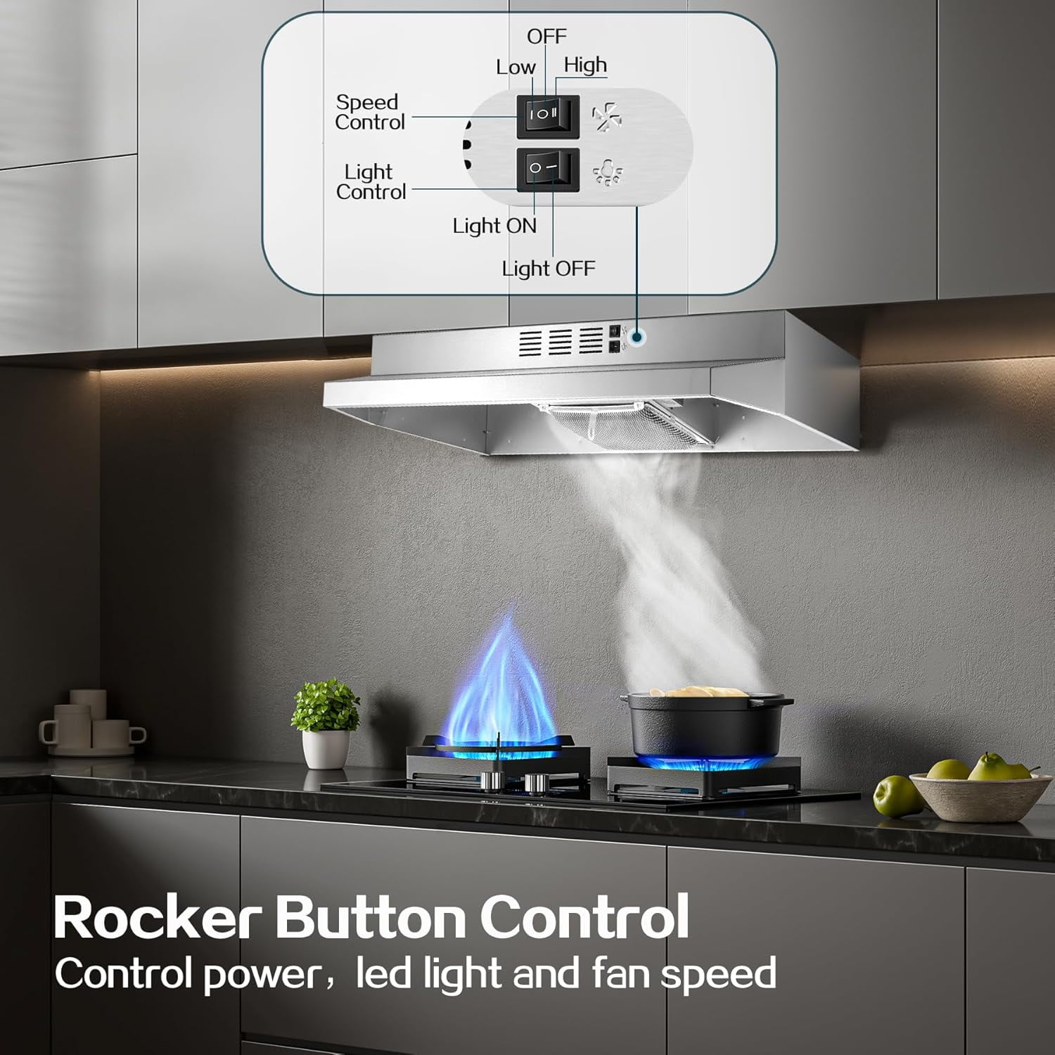 24 inch Range Hood Under Cabinet, Stainless Steel Kitchen Hood 280CFM, Ducted/Ductless Vent Hood with Rocker Button Control, Stove Hood with 2 Speeds Fan, Bright LED Light, black, silver, white