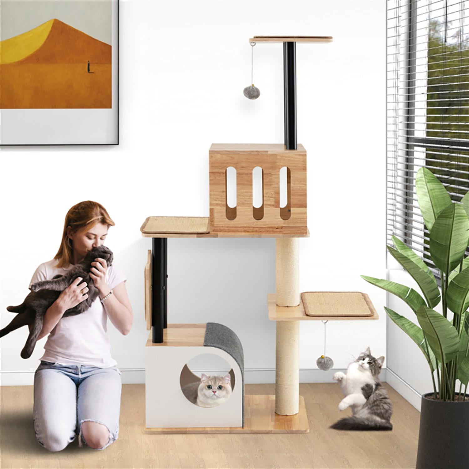 Kadyn 56" Modern Cat Tree with Toy, Cat Tower Condo for Indoor Cats with 2 Condos, Sisal Scratching Posts and Carpets, Beige