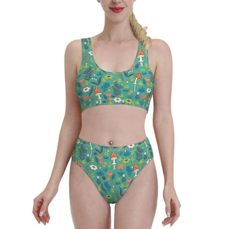 Bixox Mushrooms and Flowers Pattern Two-Piece Sports Bikini with U-Shaped Top and High-Waist Bottom - Women s Swimwear with Removable Bra Pads