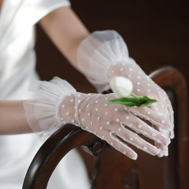1 par de guantes blancos de novia, guantes de encaje, de tul de completo, muñeca corta de disfraces, guantes de boda para damas para Yinane Guantes cortos