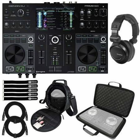 Denon DJ PRIME GO 2-Deck Rechargeable Smart DJ Console with Performance DJ Headphones & Carry Cases Package