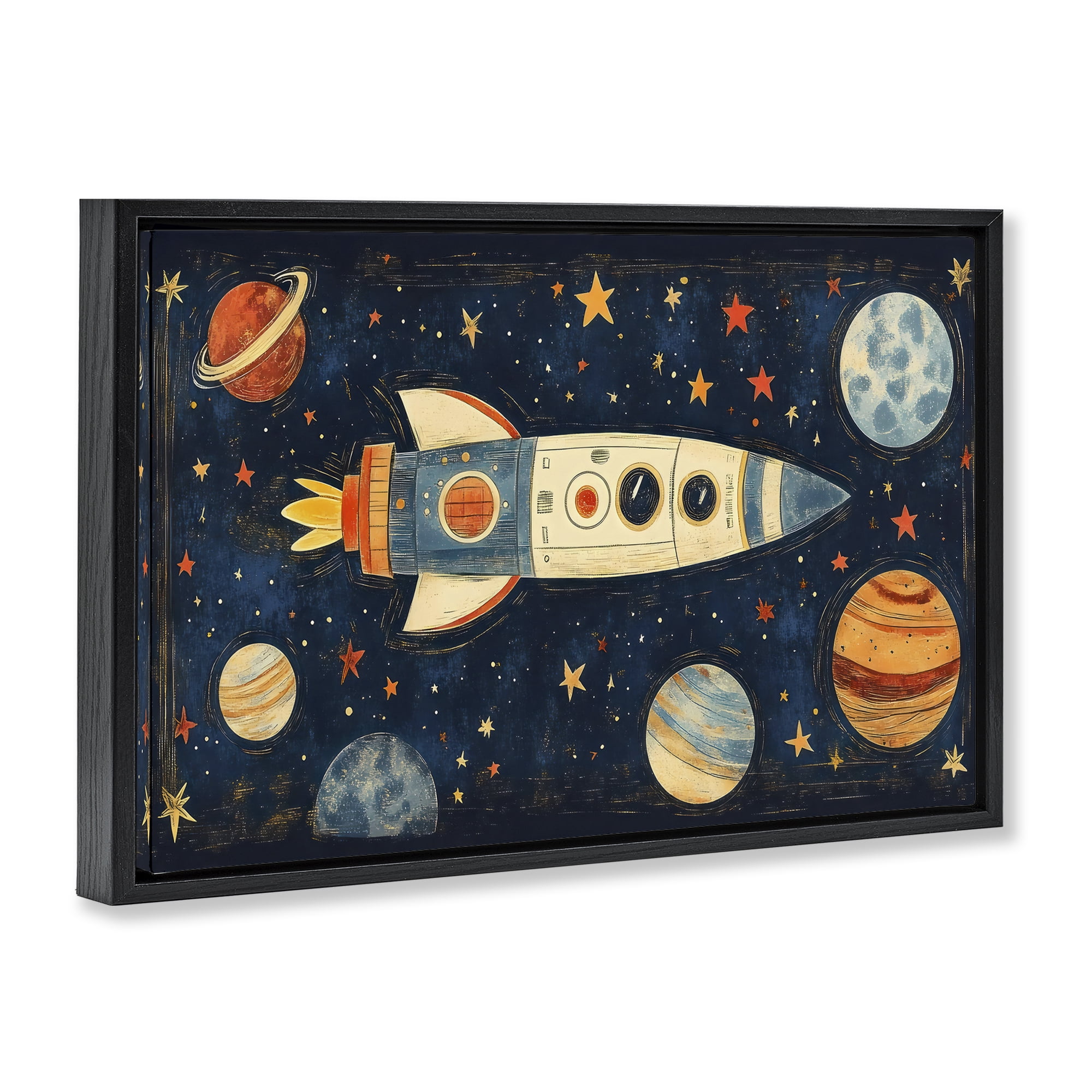 Stupell Industries Retro Rocket & Planets Black Framed Floater Canvas Wall Art, design by Creative Studio