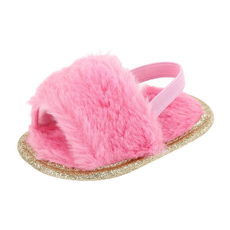KINJOHI Toddler Sandals Girls Faux Fur Sliders Flat Soft Slippers Secure Back Strap Kids Infant Indoor Outdoor Shoes 