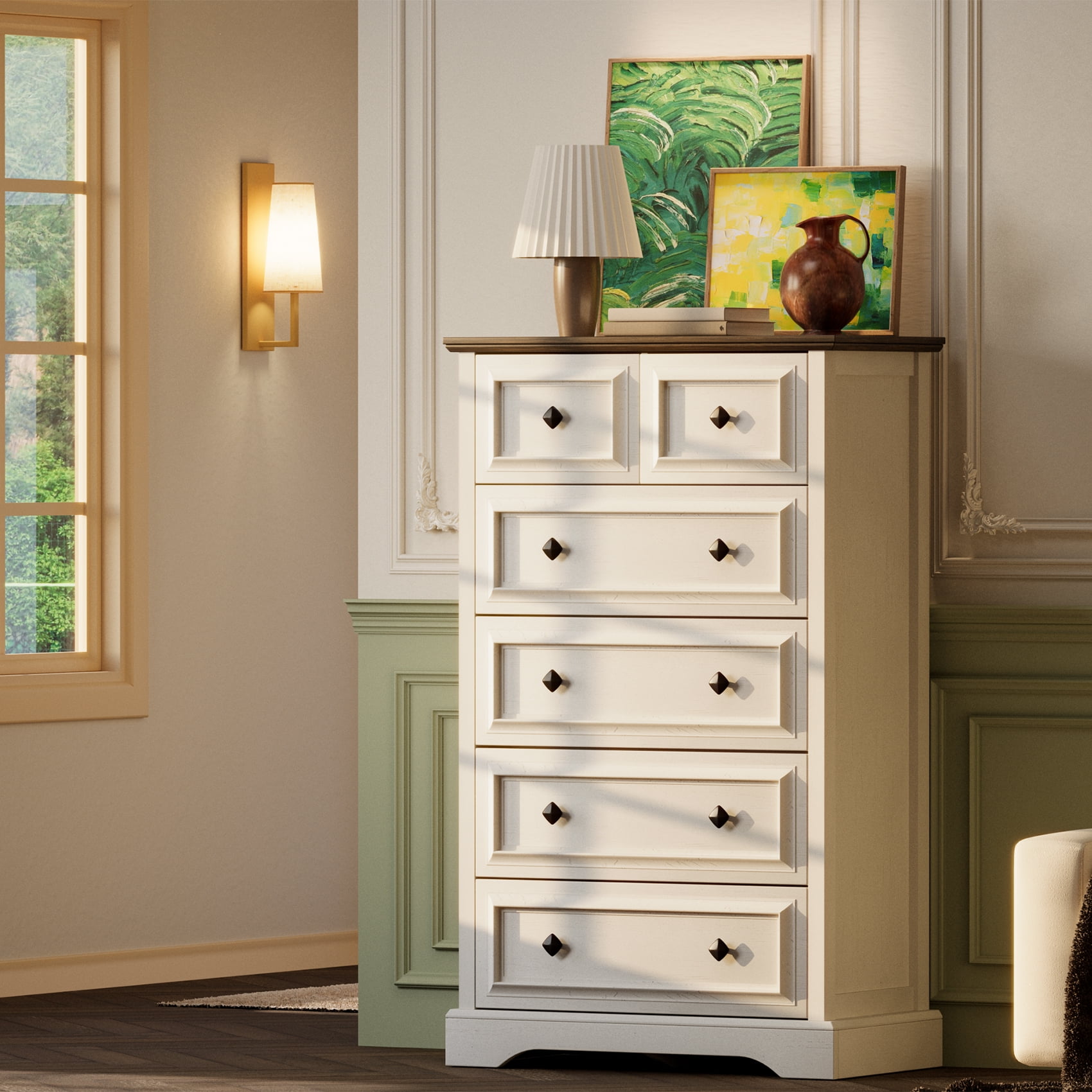 VVFLU Farmhouse 6 Drawer Dresser, Dressers Chest of Drawer for Bedroom Organizer Storage, 48 Inch Tall Dresser, Wood Dressers Storage Cabinet for Living Room, Entryway, Hallway,Walnut
