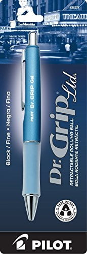 Pilot Dr. Grip Limited Retractable Rolling Ball Gel Pen, Fine Point, Ice Blue Metallic Barrel, Black Ink 3 Pen (36271) with 6 Black Ink Refill