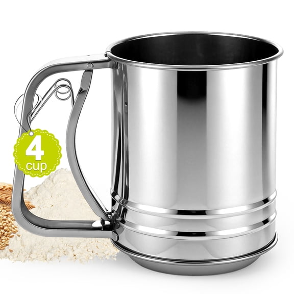 Flour Sifter, 4 Cup Stainless Steel Flour Sifter, Handheld Flour Sifter with Double Layer Fine Mesh Sieve for Flour, Cocoa, Powdered Sugar Baking