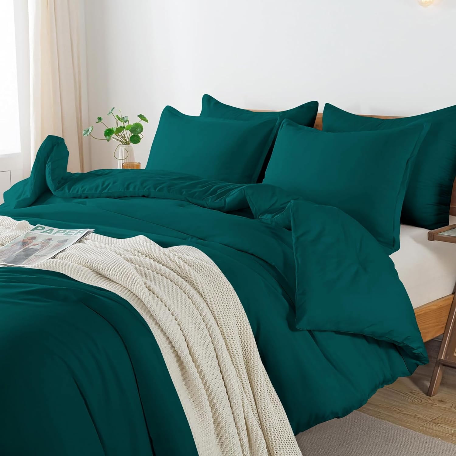 3 Piece Luxury Bottom Tie Pattern Comforter Set, 800 TC, 100% Egyptian Cotton, Oversized Super King Size Teal Solid