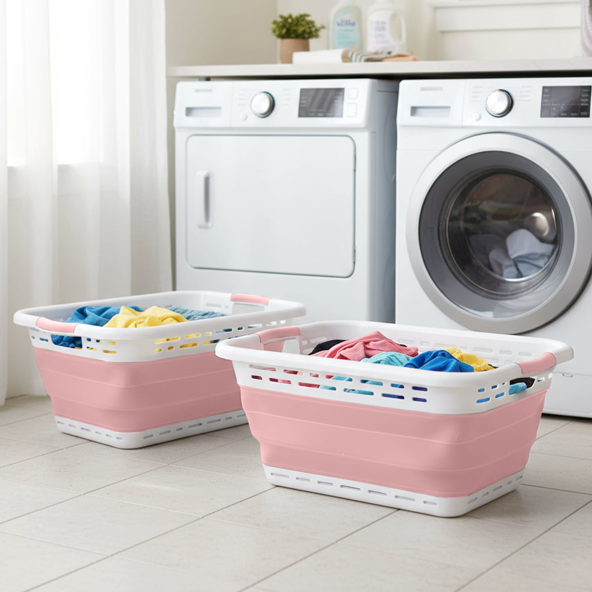 BLACK + DECKER Collapsible Laundry Basket with Handles, Space-Saving Design, Pink, 2-Pack