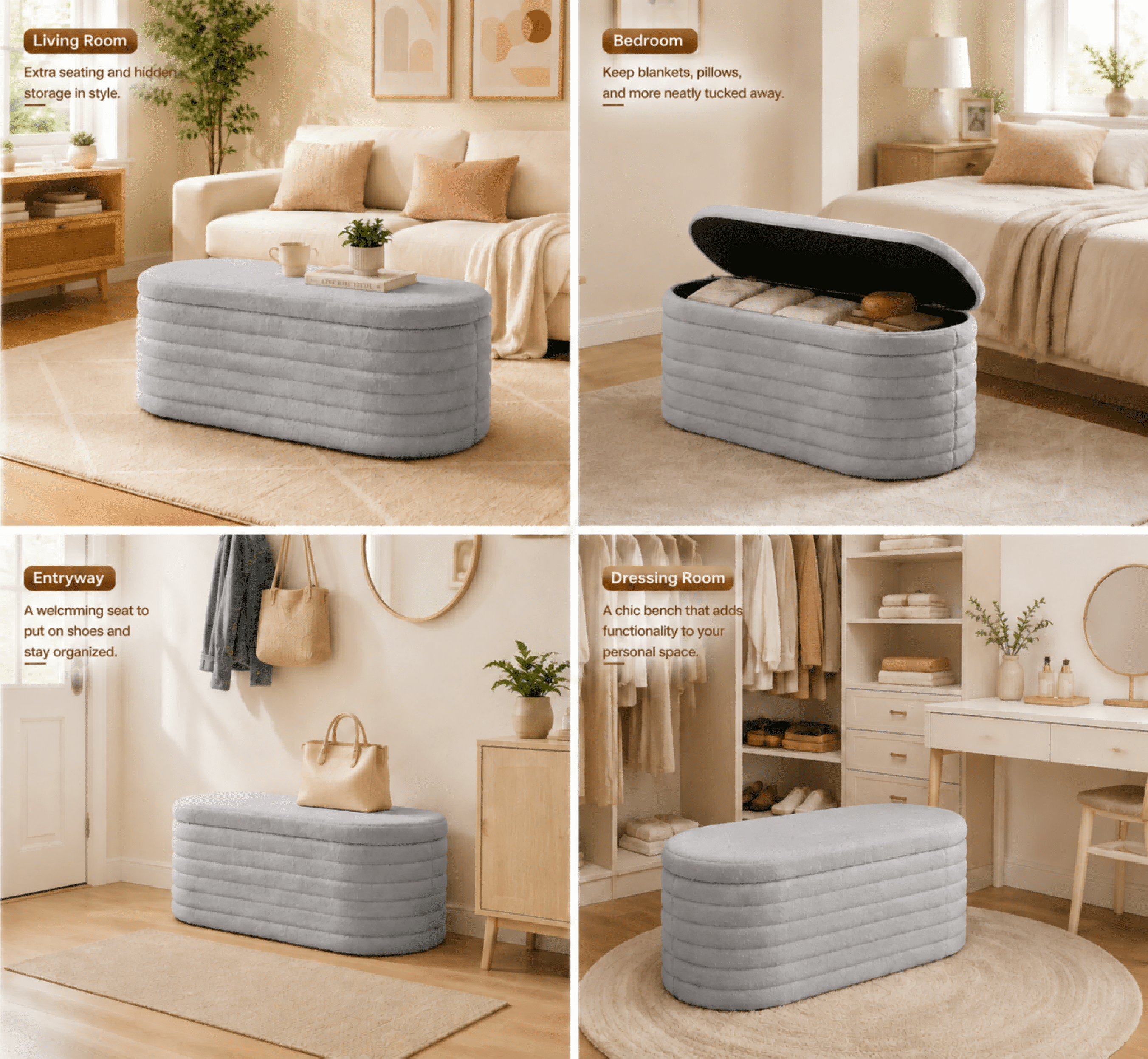 Storage Ottoman Bench End of Bed for Bedroom,43 inch Teddy Boucle Upholstered Entryway Shoe Seat Bench w/Storage,Sherpa Modern Cute Stool Foot Rest for Living Room,Window Seating,Light Gray