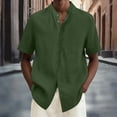 thumbnail image 2 of Men's Linen Shirts Band Collar Short Sleeve Tops Button Down T-Shirts Loose and Breathable Casual Beach Shirt Olive Green 2XL, 2 of 5