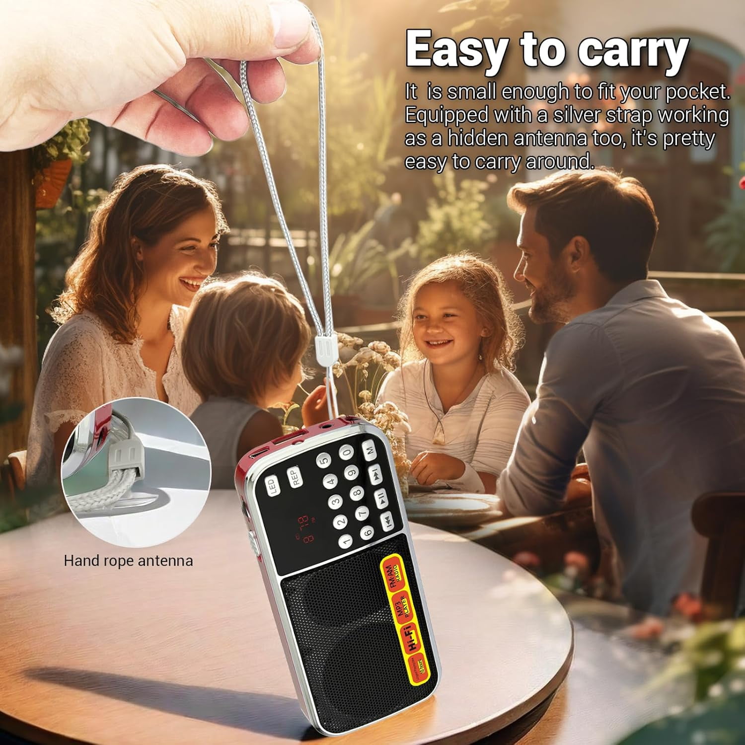 Portable AM/FM Radio with MP3 Player Support, USB/TF Card Playback, Rechargeable Battery, Excellent Reception & Sound Quality, Compact Design with Flashlight for Outdoor Use