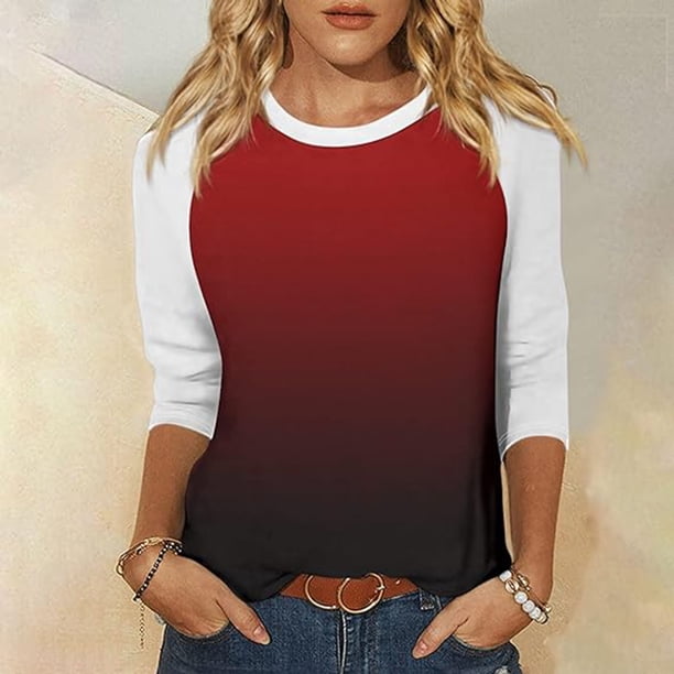 Fiudx Ofertas Flash Del Día Solo En Línea Top de Cuello Redondo de Manga Corta con Estampado Degradado de Color Sólido y Manga 3/4 para Mujer