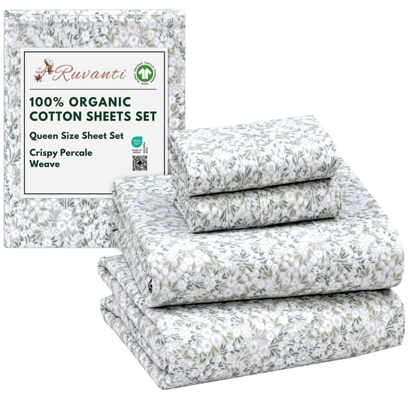 RUVANTI 100% Organic Cotton Sheets - Queen Sheet Set - 4 Piece Percale Weave Bedding, Crisp, Cooling & Breathable, Soft & Durable, 16" Deep Pocket, Hotel Quality Sábanas - Floral Rush