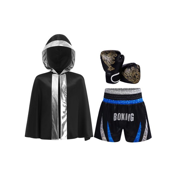 RUNQHUI Kids Boys Girls Boxer Robe with Shorts Gloves 3-Pieces Set Boxing Themed Party Fancy Dress Black Silver 16
