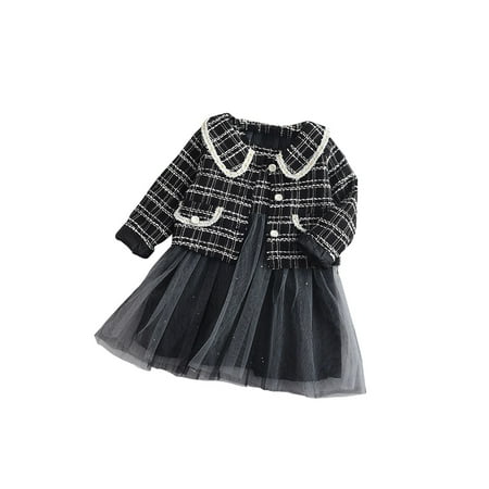 

Amuver Kid Sleeveless Button Fall Dress Plaid Long Sleeve Lapel Coat Suit