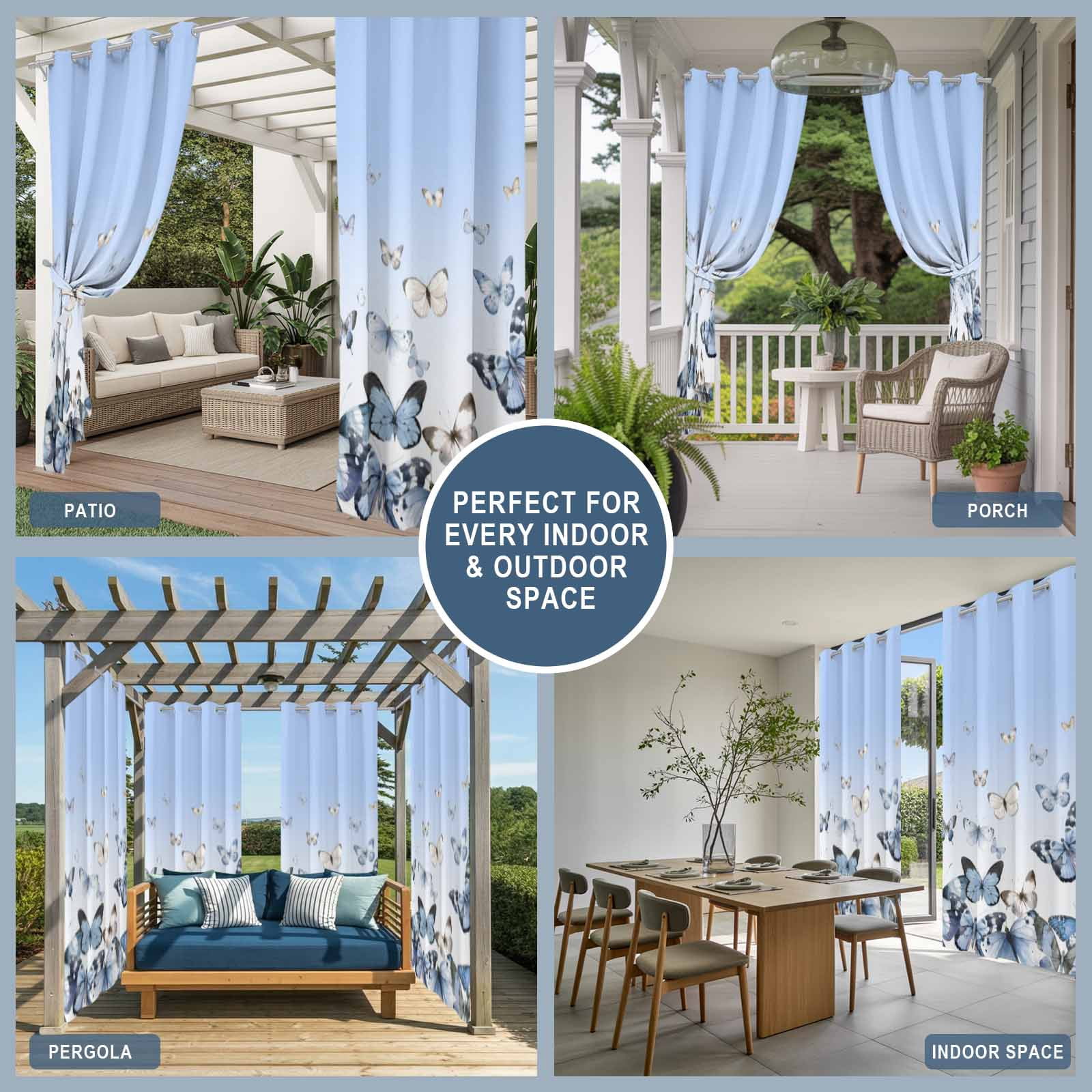 Outdoor Curtains for Patio Waterproof, Blue Butterflies Outdoor Privacy Panels Grommet, Elegant Pastoral Watercolor Blackout Outside Curtains for Porch/Cabana/Pergola/Gazebo 54"x84", 2 Panels