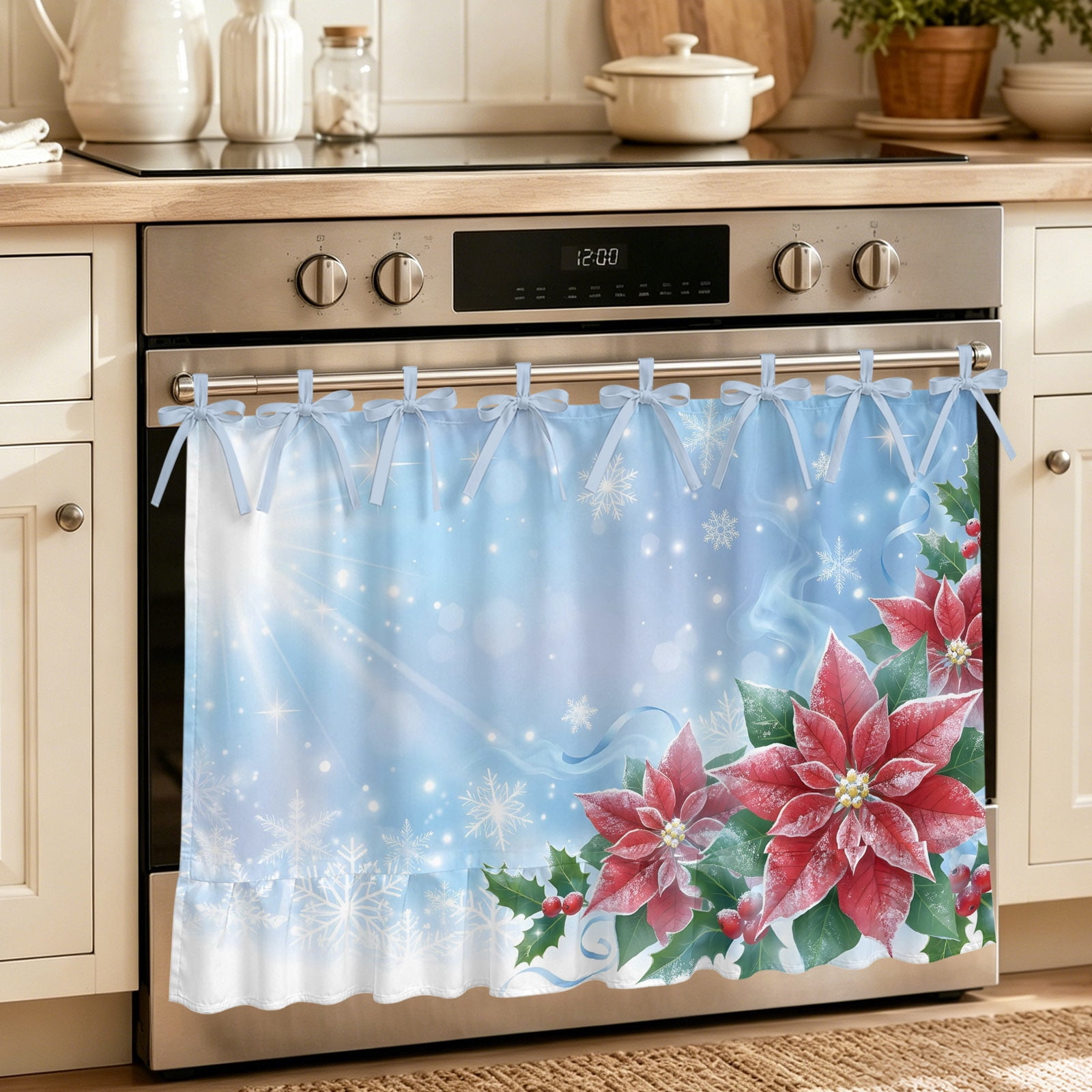 Oven Curtain for Kitchen Christmas Red Poinsettia Flowers Stove Curtain With Ruffled Trim Dishwasher Curtains Snowflake on Blue Oven Skirt 27 x20