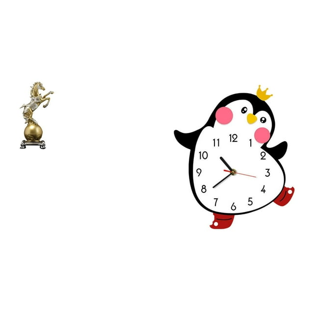 Figura de caballo de resina moderna y reloj de pared de madera con forma de pingüino de dibujos animados, pieza central decorativa coleccionable para