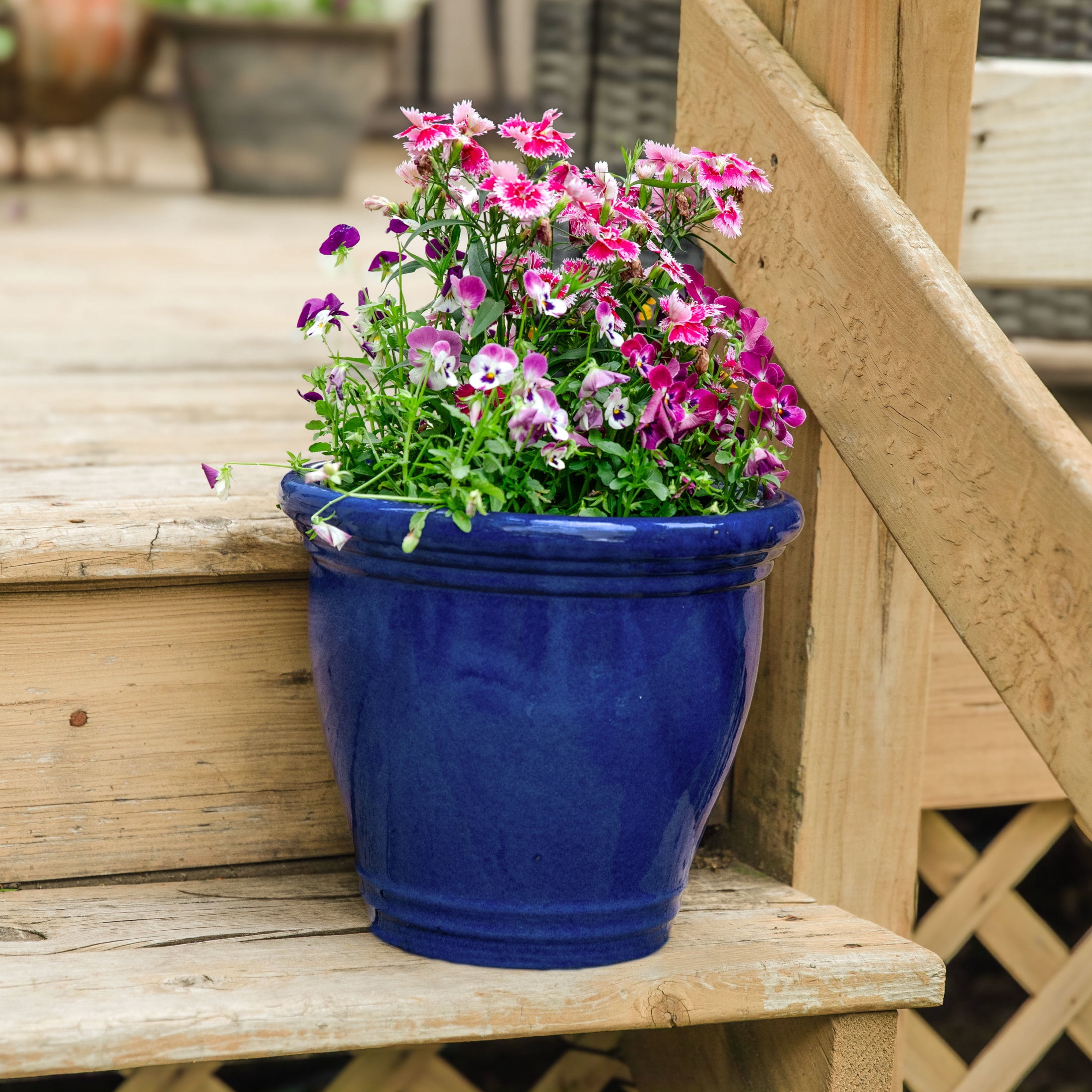 Sunnydaze Studio 11.5" x 11.5" x 10" Round Imperial Blue Ceramic Outdoor Planter 2-Count