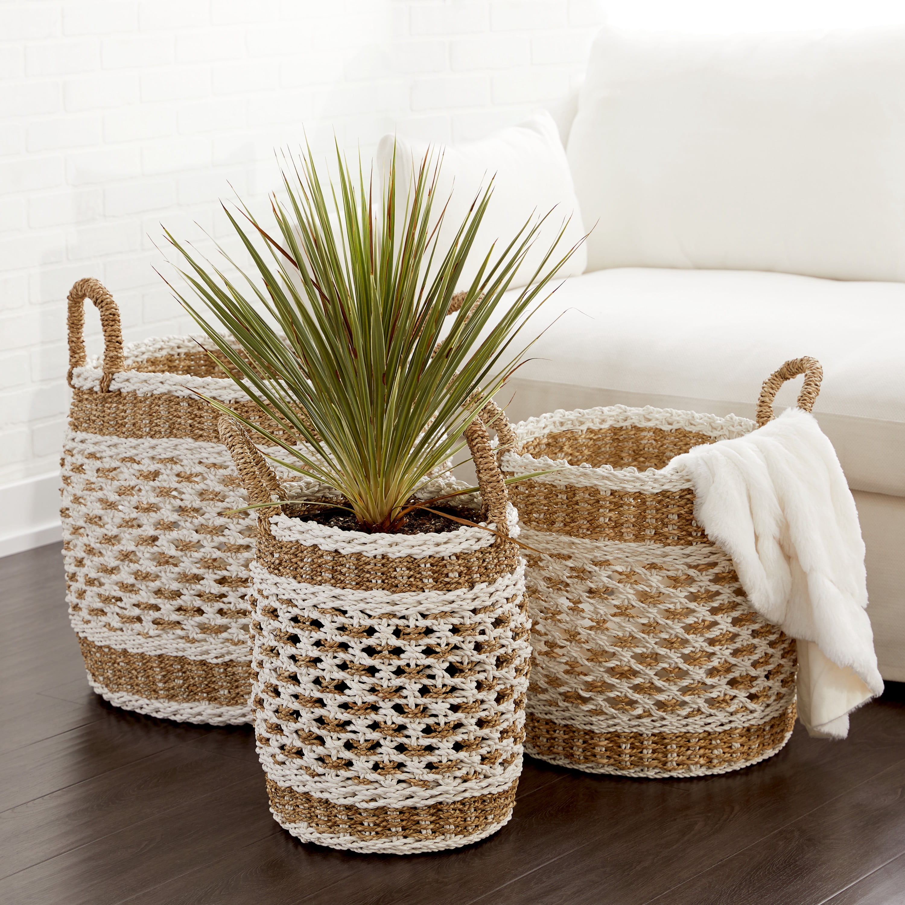 DecMode 18", 17", 16" Brown Plastic Boho Storage Basket, 3 - Pieces