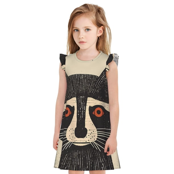 Balery Retro Raccoon Graphic Print Camisón de princesa para niñas, pijama de algodón con mangas abullonadas, suave y bonito.-XX-Large