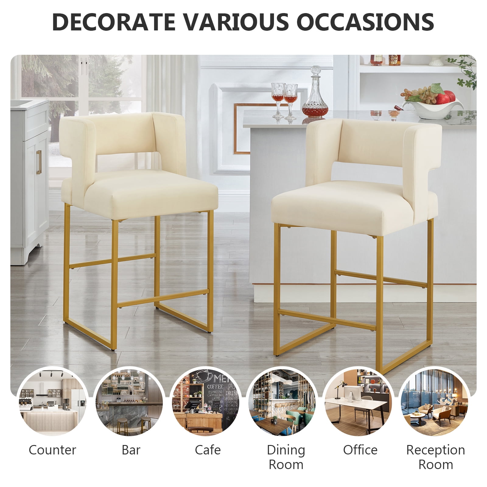 Lecut 26" H Counter Height Bar Stools Set of 2, Modern Velvet Bar Stools with Square Open Backrest and Gold Metal Frame, Kitchen Counter Stools for Island, Home Bar, Pub,Beige+Gold