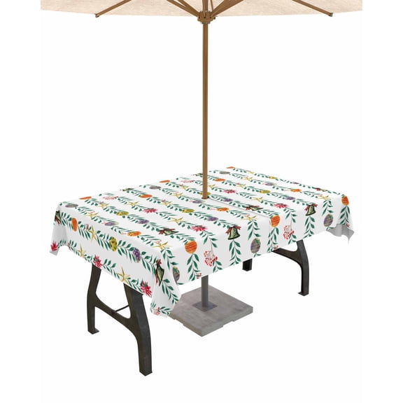 Fsddascl Christmas Outdoor Tablecloth - 52x70 Inch Rectangle Dining Table Cover, Green Botanical Xmas Balls Star Waterproof Outdoor Table Cloth with Umbrella Hole & Zipper for Picnic/Patio/Party