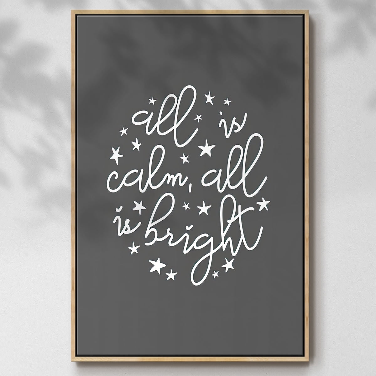 All is Calm, All is Bright - Dark Gray - Framed Gallery Wrapped Holiday Canvas - 27 x 41 - Natural Wood Frame