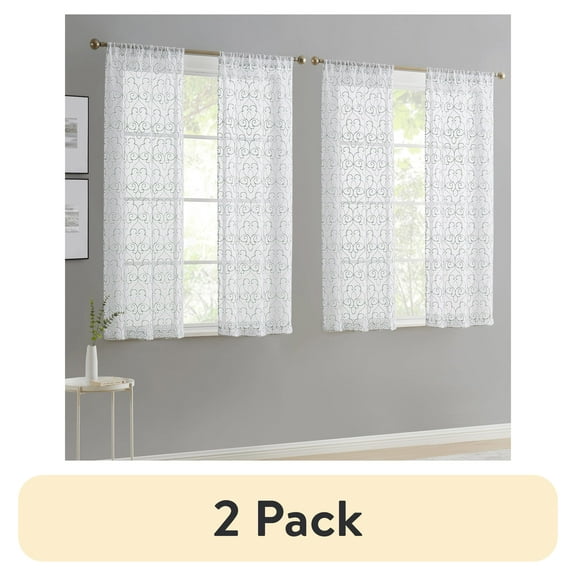 (2 pack) Mainstays Modern Scroll Rod Pocket Sheer Curtains, Set of 4, Aqua, 28" W x 54" L