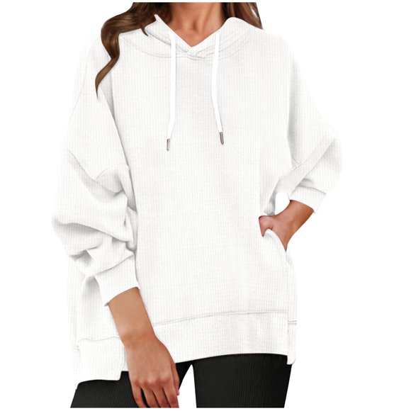 Rbaofujie Long Sweaters for Women Women's Solid Color Casual Long Sleeve Pocket Loose Oversized Hoodies Pullover Sweatshirt White Weighted Hoodie