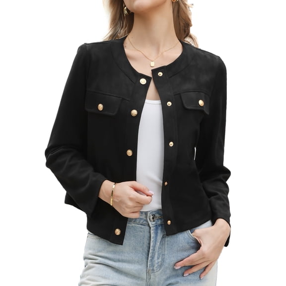 DARING DIVA Women's Faux Suede Long Sleeve Snap Button Collarless Jacket XS Black