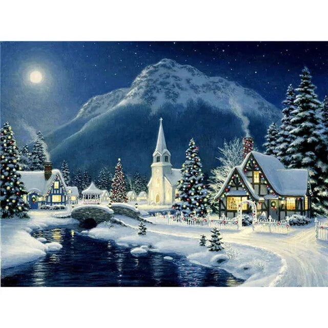 HOMFUN-pintura de diamante redondo/cuadrado 5D DIY "Casa nieve paisaje de invierno", bordado de punto de cruz, decoración de diamantes de imitación completa