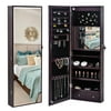 JIRTEMOT Wood Door Wall Mount LED Light Mirrored Jewelry Cabinet Storage Lockable, Brown
