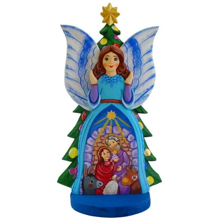 Guardian Angel Nativity Scene Ukrainian Carved Solid Wood Figurine 12 Inches
