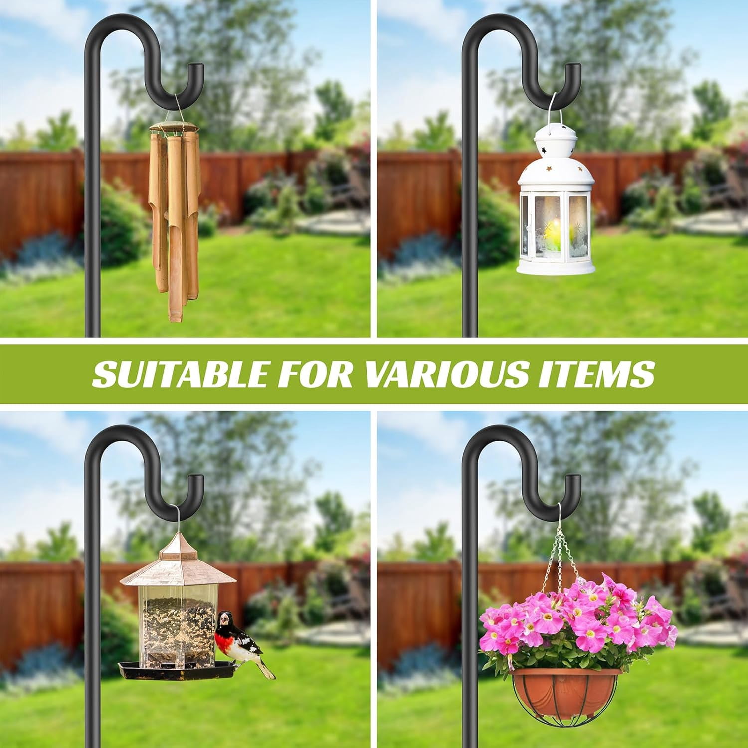 Bird Feeder Pole 76 Inches Shepherd Hooks for Outdoor, Heavy Duty Bird Feeder Pole for Garden Decor, Black Shepherd Stand for Plant Baskets Wind Chime with 5 Base Prongs