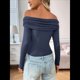thumbnail image 4 of Blusas de Larga con Hombros Descubiertos para Mujer, Ajustadas, Fruncidas, Estilo Y2K, Conjuntos de Moda 2025 Azul Marino S, 4 of 9