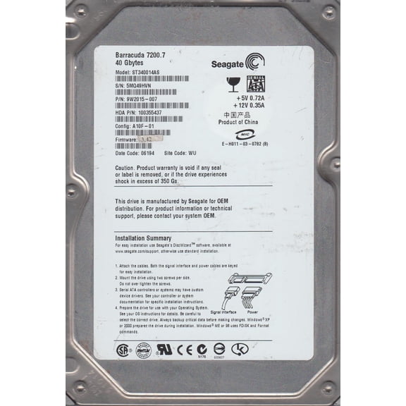 ST340014AS, 5MQ, WU, PN 9W2015-007, FW 3.42, Seagate 40GB SATA 3.5 Hard Drive