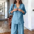 thumbnail image 5 of Guieoi Matching Outfits for Women Solid-Color Cotton-Linen Wide-leg Pants Set V-neck Button-down Long-sleeve Loose-fit Top + High-waisted Pants Two-Piece Set Blue M, 5 of 9