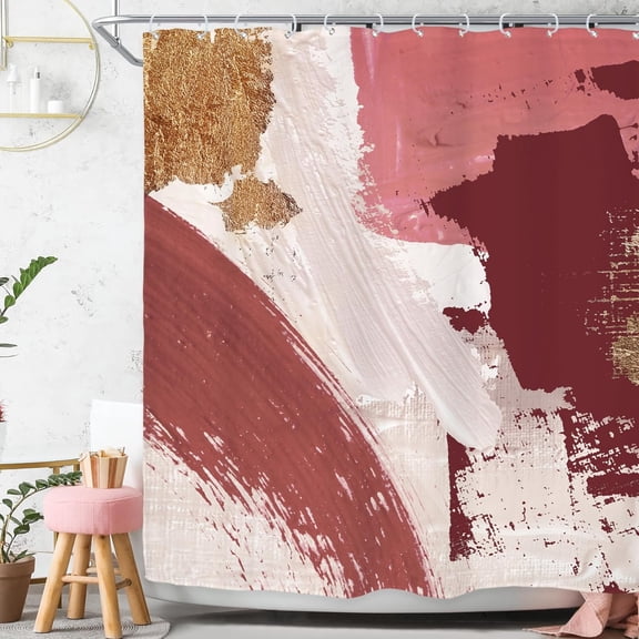 Pink Abstract Aesthetic Shower Curtain for Bathroom Decor 72Wx72H Gold Modern Minimalist Oil Painting Simple Neutral Art Printed Fabric Polyester Waterproof 12 Pack Plastic Hooks