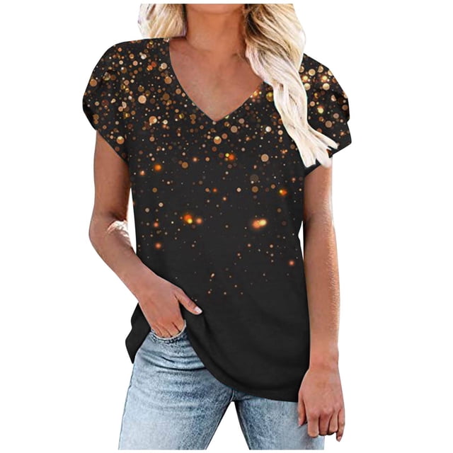 Pompotops Womens Spring And Summer Casual V-Neck T-shirt Printed Short Sleeved Top Clearance