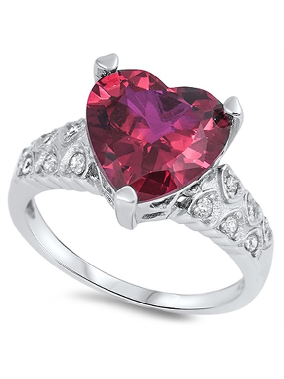 CHOOSE YOUR COLOR Women's Large Heart Simulated Ruby Promise Ring 925 Sterling Silver Band Red CZ Female Size 7