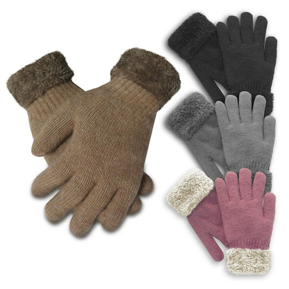 Women's Thermal Insulated Super Warm Winter Gloves with Faux Fur Trim (Black)