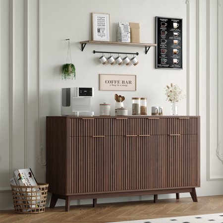 60 Farmhouse Buffet Sideboard – Oak Finish with Fluted Wood Details Drawers & Adjustable Shelves – Large Storage Cabinet for Dining Room Kitchen Coffee Bar - Black walnut