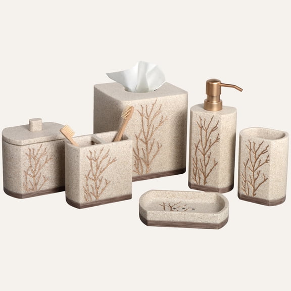 Decozen Bathroom Accessories Set 6Pcs – Soap Dispenser, Toothbrush Holder, Tumbler, Soap Dish & Cotton Swab Jar – Bath Set for Christmas Décor