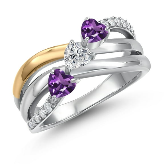 Gem Stone King 925 Silver and 10K Yellow Gold Purple Amethyst and Lab Grown DiamondEngagement Ring for Women | 0.88 Cttw | Heart Shape Gemstone February Birthstone | Size 6