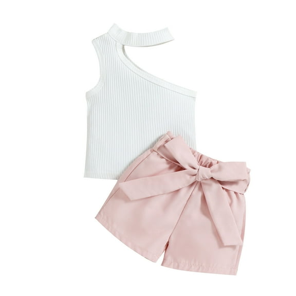 Jdefeg 2 Year Old Girls Clothes Summer Toddler Girls Sleeveless Ribbed Vest Off Shoulder Tops and Shorts Belt Outfits Skirt Set Cotton Blend Pink 80