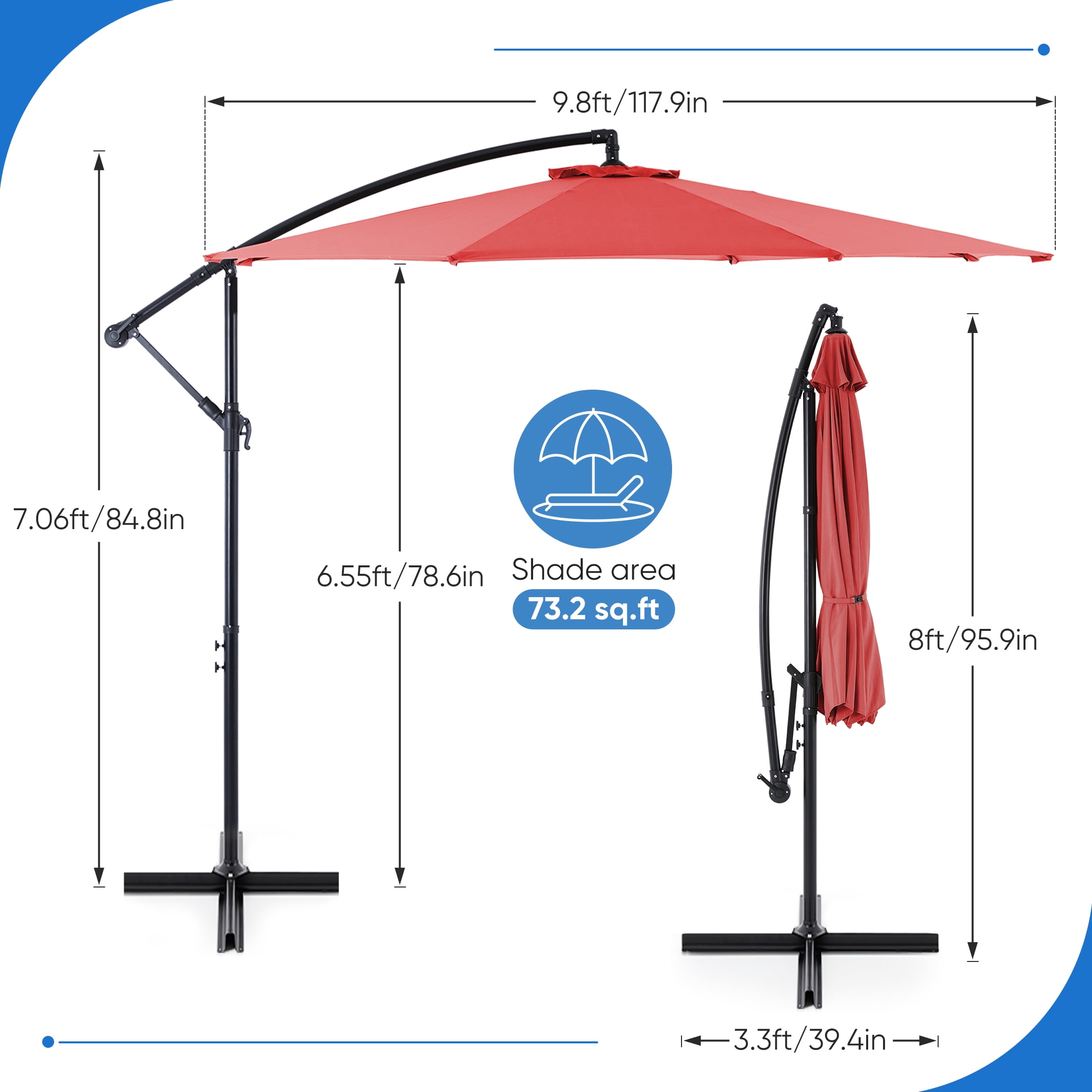edx 10FT Offset Hanging Patio Umbrella Outdoor with Push Button Tilt & Self-Locking, Polyester Shade, 8 Sturdy Ribs, Red