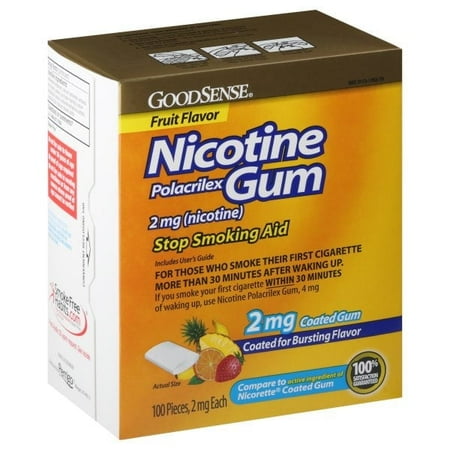GoodSense Nicotine Polacrilex Coated Gum 2 mg (nicotine), Fruit Flavor, Stop Smoking Aid; quit smoking with nicotine gum, 100 Count