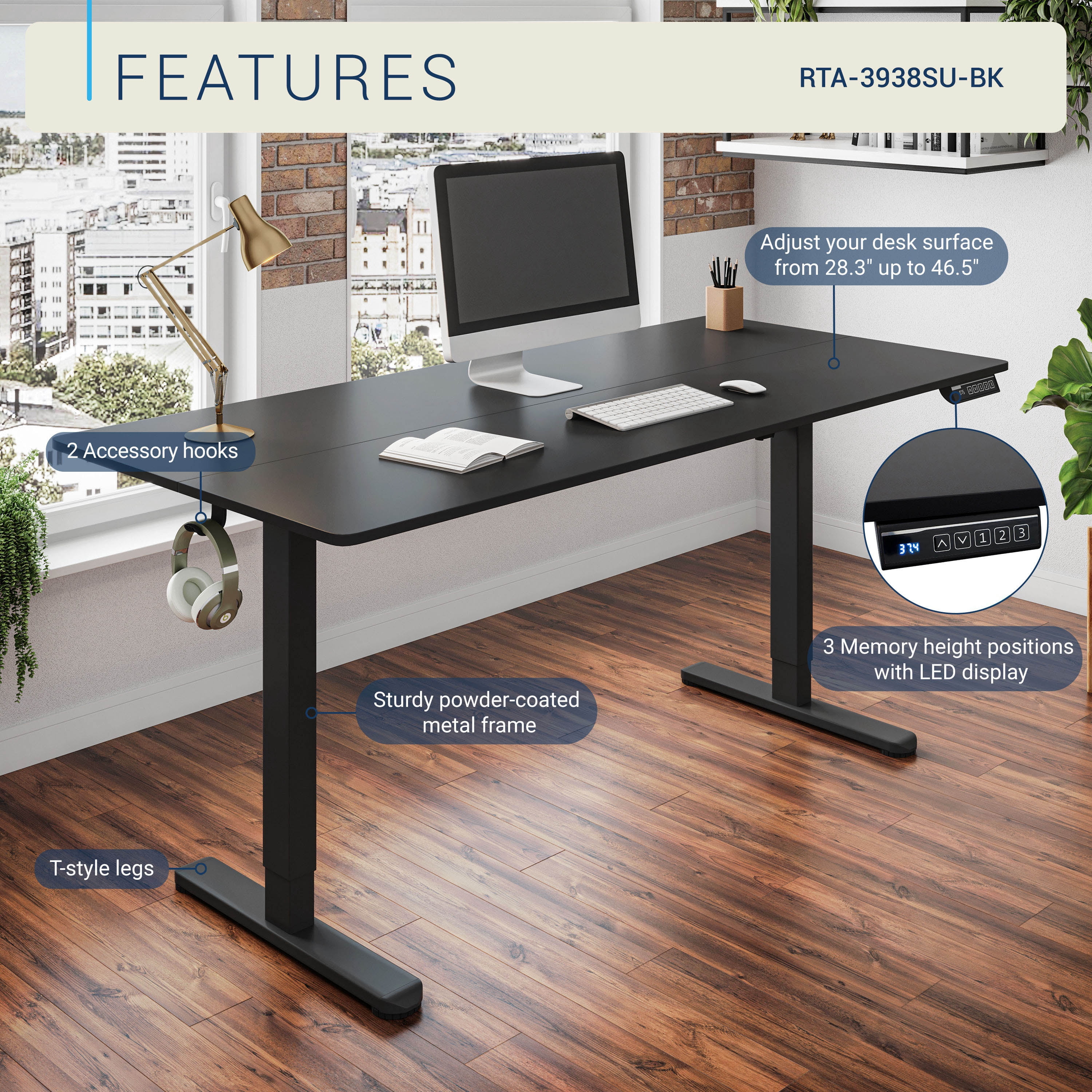 Techni Mobili 55” W Electric Standing Desk, Height Adjustable Sit-to-Stand Desk with 3 Memory Presets and Dual Accessory Hooks, Black