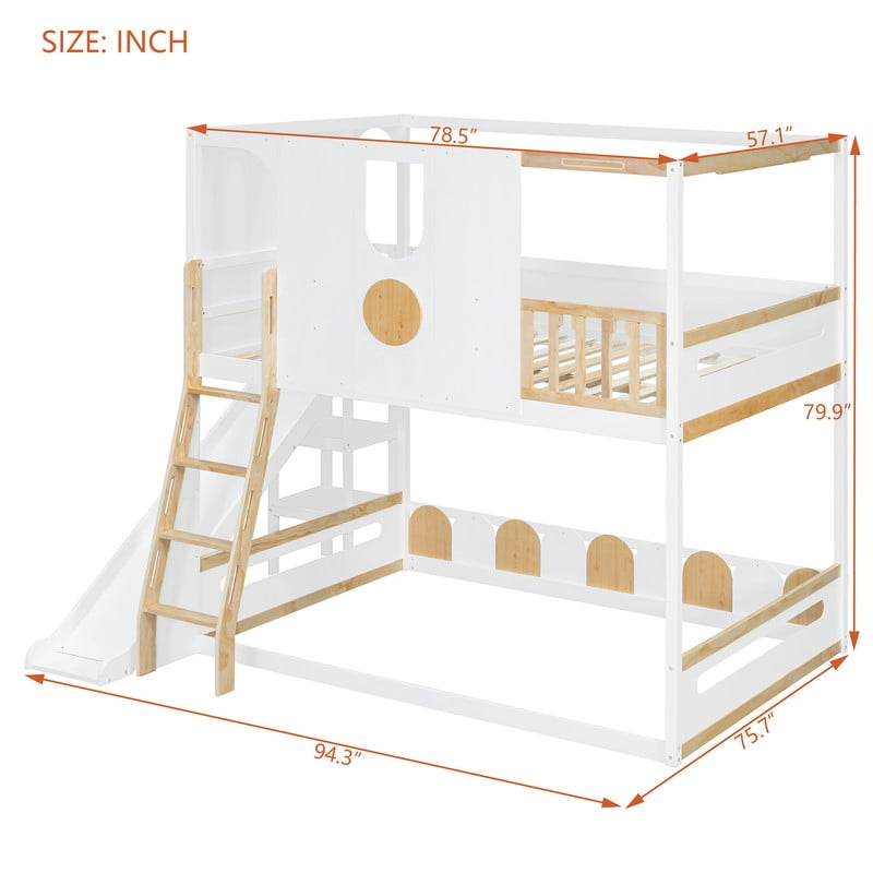 Full Size Versatile Kids Loft/Bunk Bed with Floor Bed, House Bed Frame with Slide, Storage Shelves and Guardrails